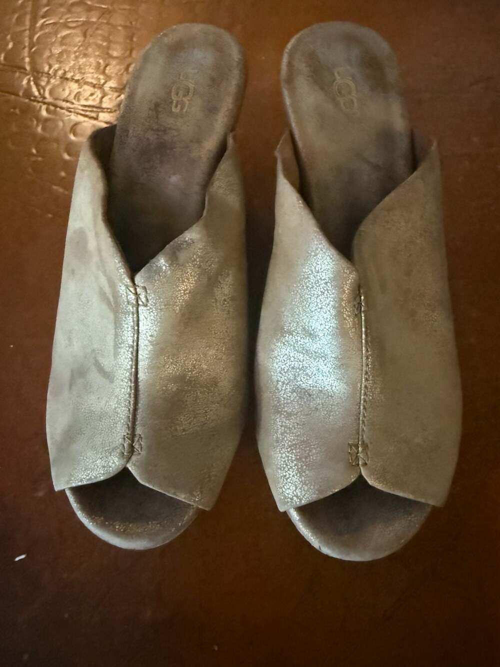 UGG Dominique Cork Wedge Heels Size 5.5 Gold Leather Peep Toe Slides